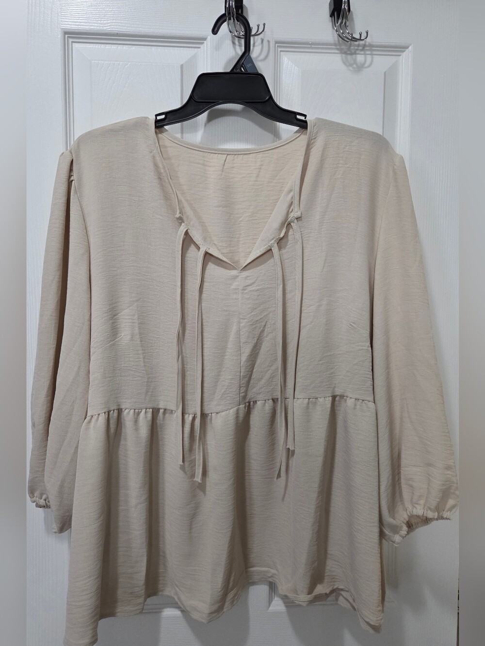 Women's Cream Peasant Blouse with Tie Neck